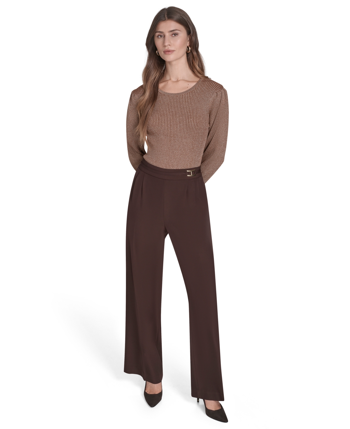 Halston Women's Mid Rise Wide Leg Trousers In Brown