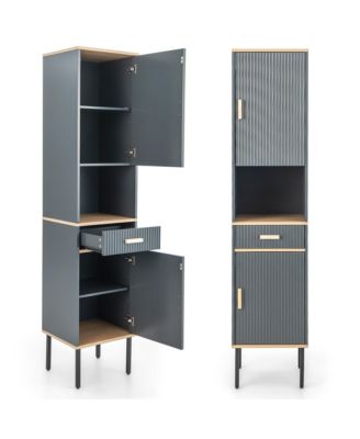 Tall Bathroom Storage Cabinet Freestanding Narrow Linen Tower w/ Doors & Drawer