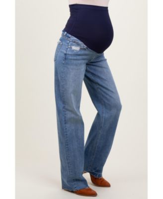 Maternity Blue Vintage Wash Raw Hem Wide Leg Jeans