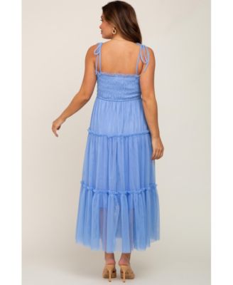 Maternity Light Blue Smocked Mesh Midi Dress