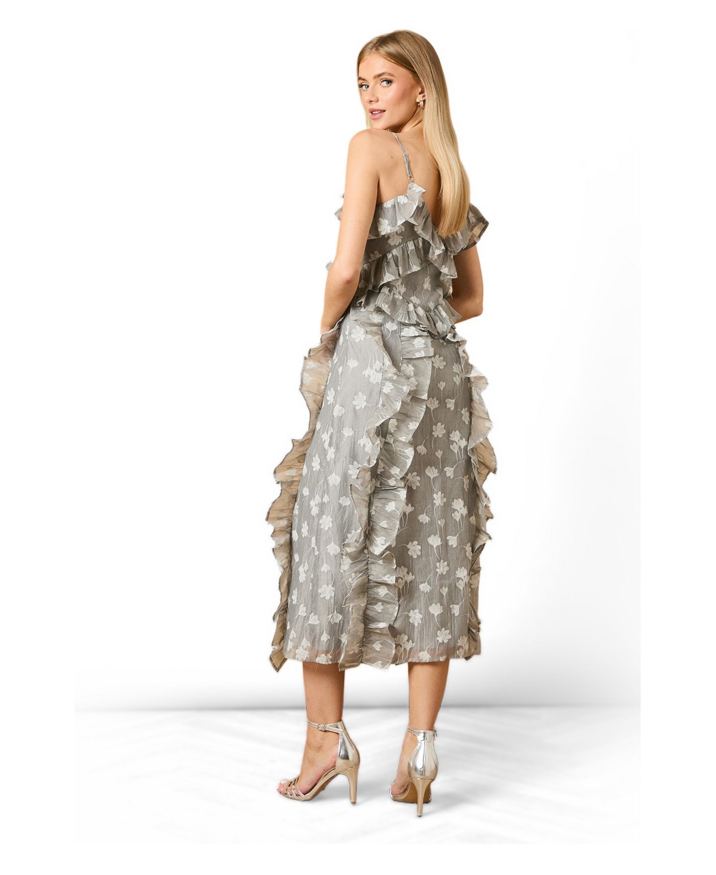 Женское платье Oasis Ruffle Front V-Neck Strappy Midi, цвет: Серый — фото 3