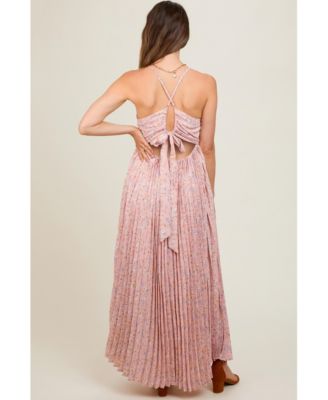 Maternity Light Pink Floral Pleated Back Cutout Maxi Dress