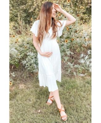 Maternity Ivory Smocked V-Neck Midi Dress