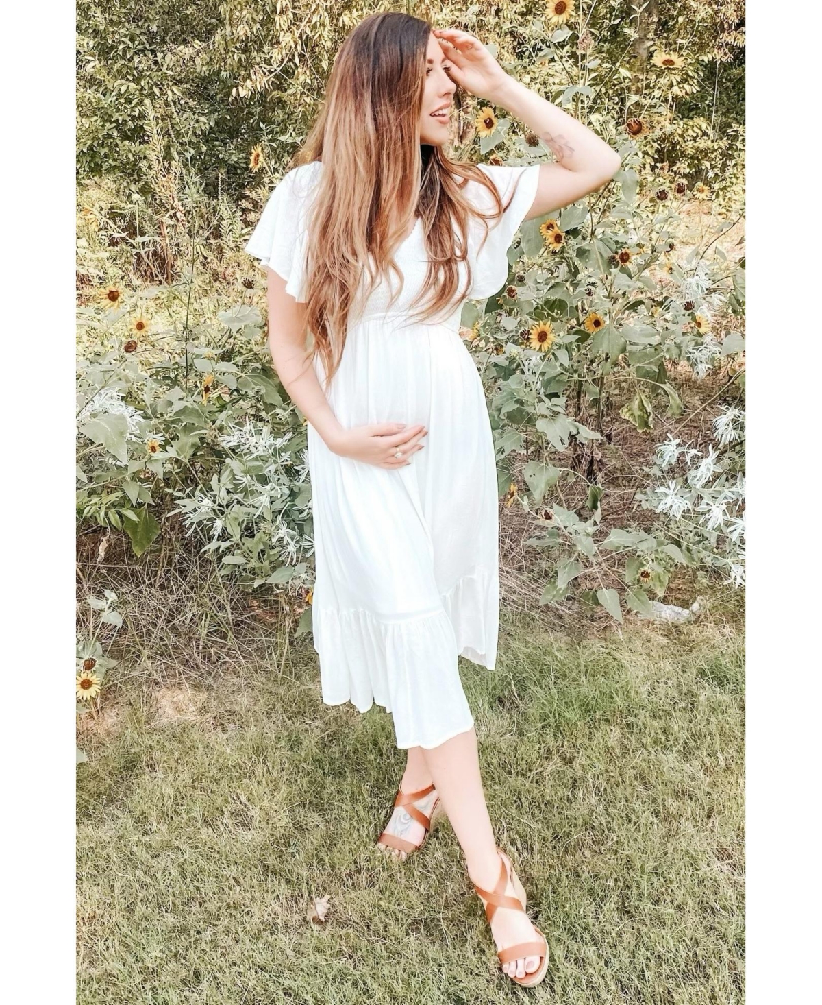 Pinkblush Maternity Ivory Smocked V-Neck Midi Dress