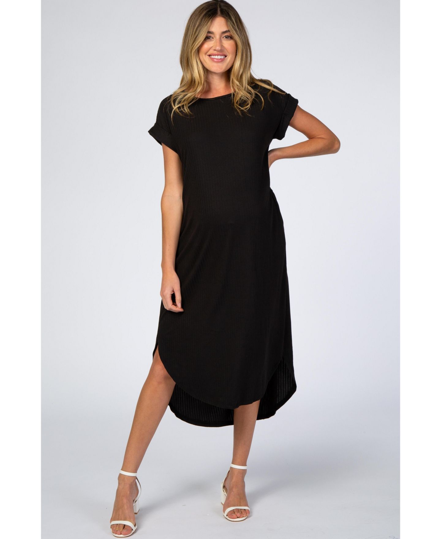Женское платье Pinkblush Black Ribbed Curved Hem Midi, цвет: Чёрный — фото 1