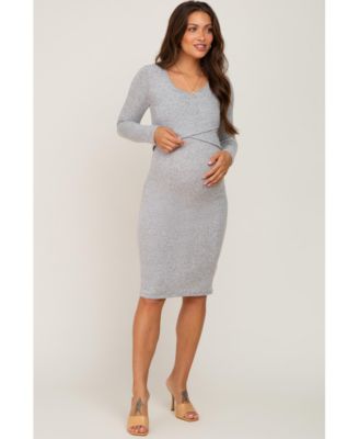 Maternity Heather Grey Brushed Knit Long Sleeve Wrap Nursing Dress
