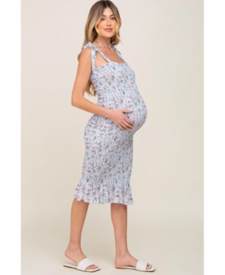 Light Blue Floral Smocked Fitted Maternity Dress