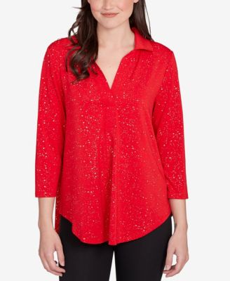 Petite Metallic Dew Drop Shirt Collar Top
