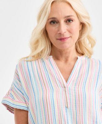 Women's Cotton Gauze Split-Neck Dolman-Sleeve Shirt