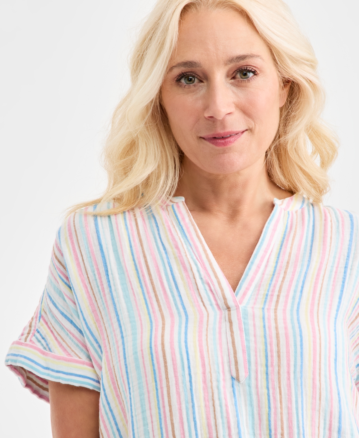 Style & Co Women's Cotton Gauze Split-neck Dolman-sleeve Shirt, Macy's Exclusive In Multi