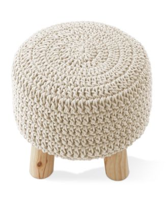 Hand-Knitted Cotton Pouf Ottoman Footstool, 13" Round x 11" High, Boho Accent Footrest with Non-Skid Legs, Foot Stool and Extra Seating
