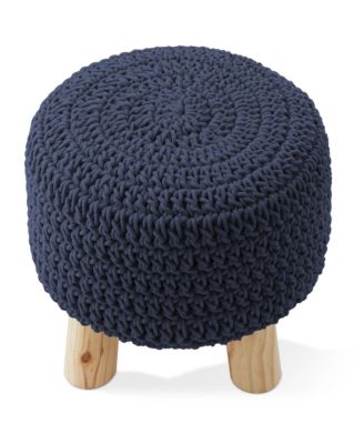 Hand-Knitted Cotton Pouf Ottoman Footstool, 13" Round x 11" High, Boho Accent Footrest with Non-Skid Legs, Foot Stool and Extra Seating