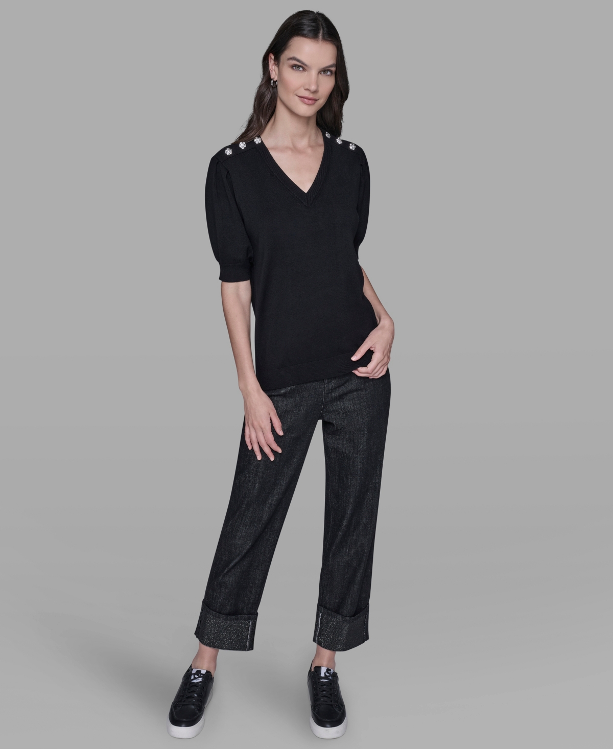 Karl Lagerfeld Women's V-neck Button Detail Sweater In Black