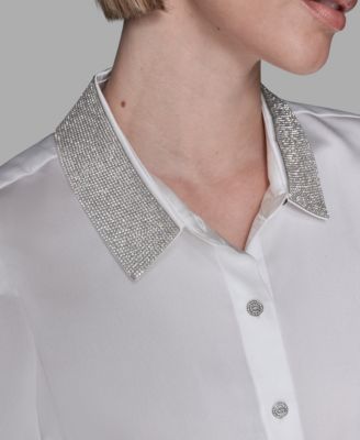 Women's Collar Rhinestone Embellished Short Sleeve Top