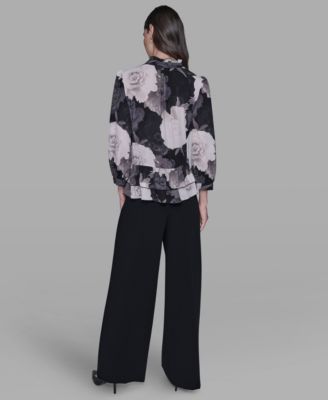 Women's V-Neck Floral Print Ruffle Detail Top