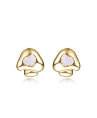 14K Gold Plated with Green Enamel or White Mother Of Pearl Heart Mushroom Design Stud Earrings