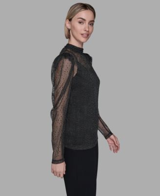 Women's Metallic Mesh High Neck Top