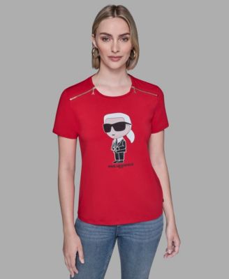 KARL LAGERFELD PARIS - Women's Crewneck Embellished Zip Shoulder T-Shirt