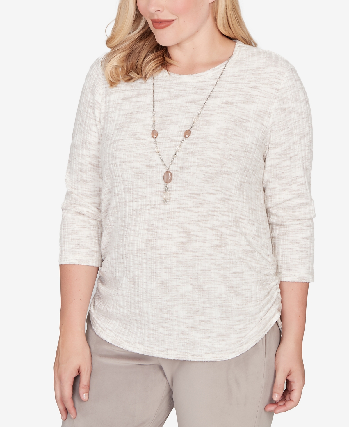 Alfred Dunner Calm Luxe Space Dye Knit Top With Necklace In White