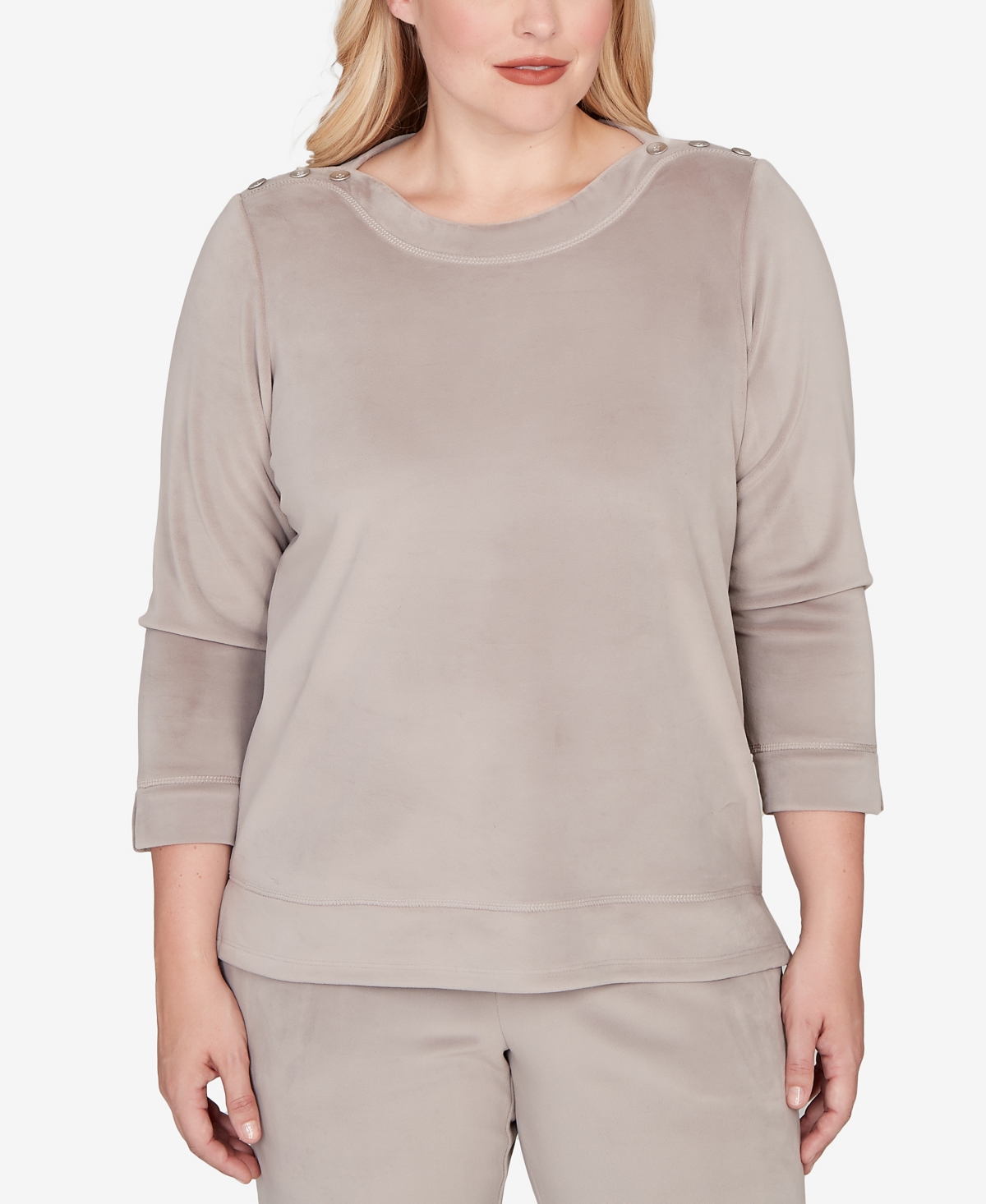 Alfred Dunner Petite Calm Luxe Shoulder Button Top In Gray