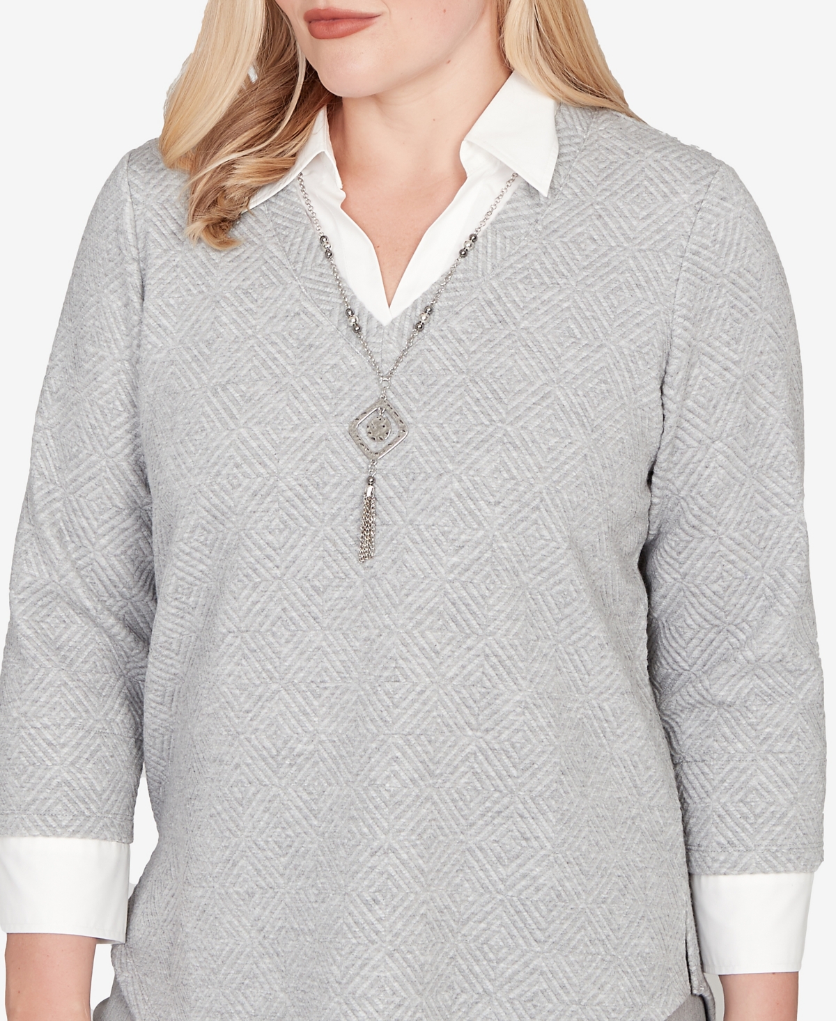 Alfred Dunner Stockbridge Diamond Jacquard Two One Top with Necklace
