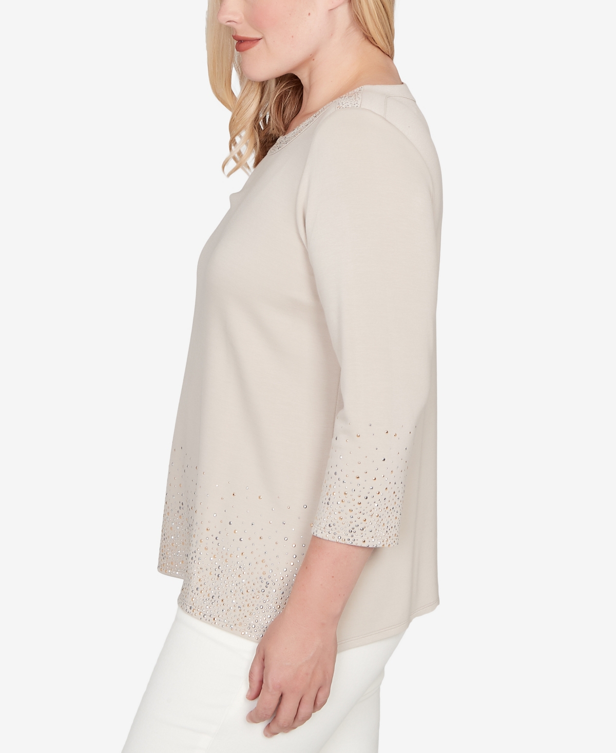 Alfred Dunner Vienna Heat Set Sparkle Ombre Border Knit Top In Neutral