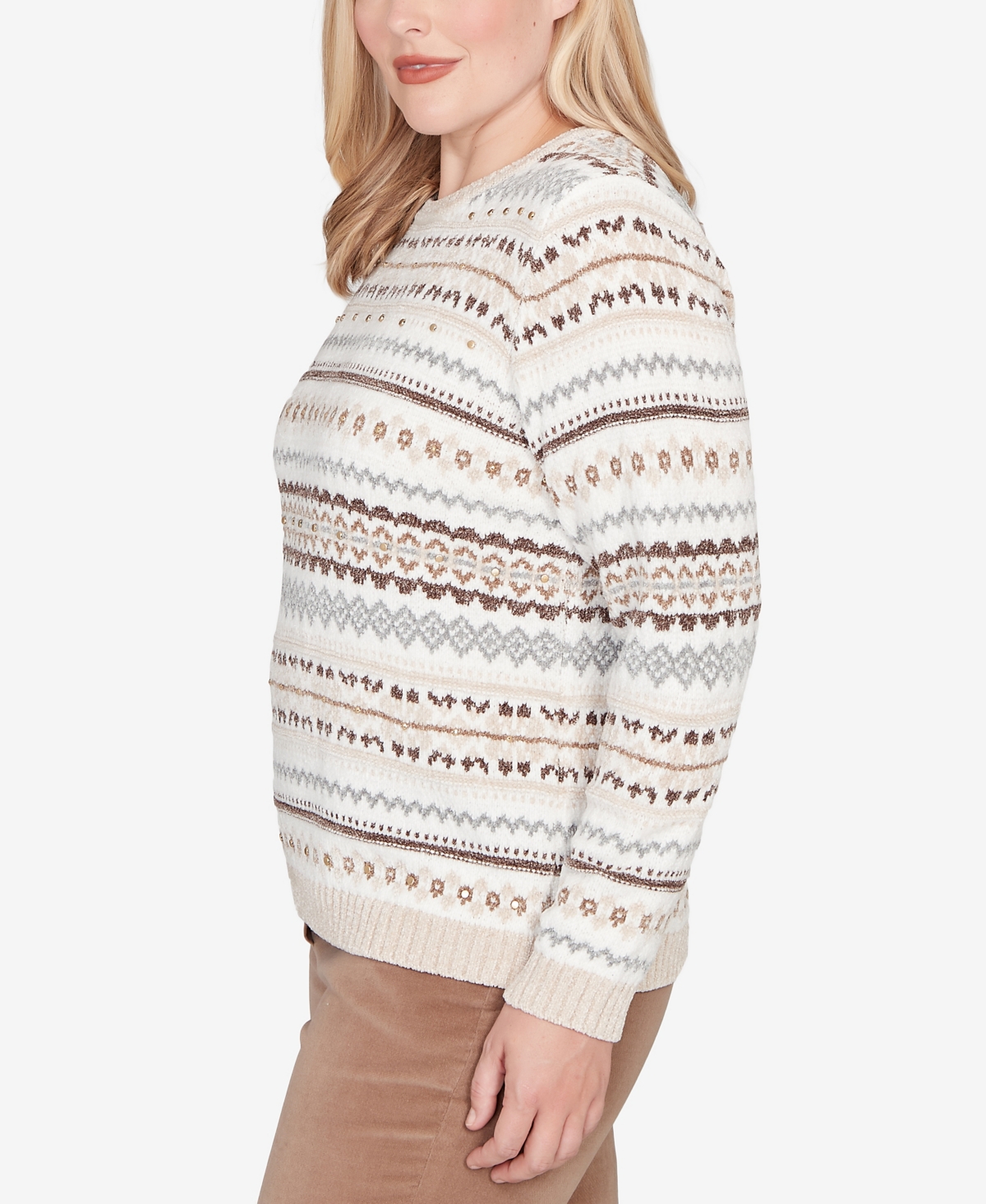 Alfred Dunner Plus Size Vienna Geometric Biadere Striped Chenille Sweater In Brown