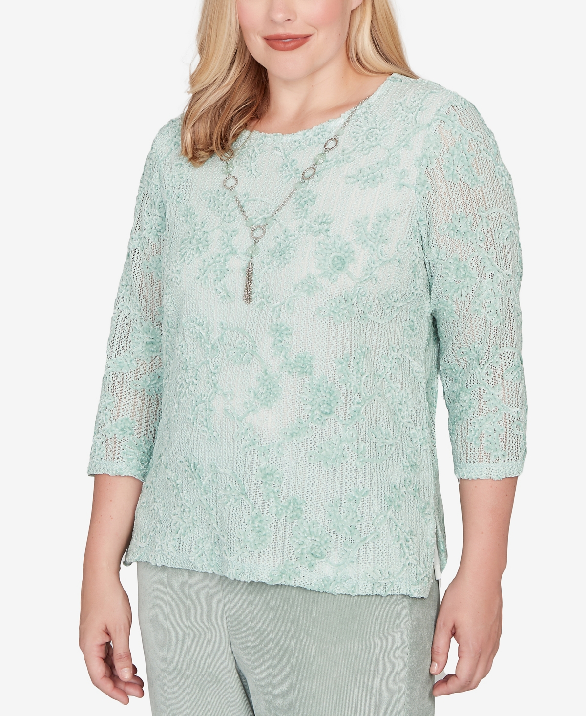 Alfred Dunner Plus Size Stockbridge Floral Velvet Soutache Mesh Top With Necklace In Green