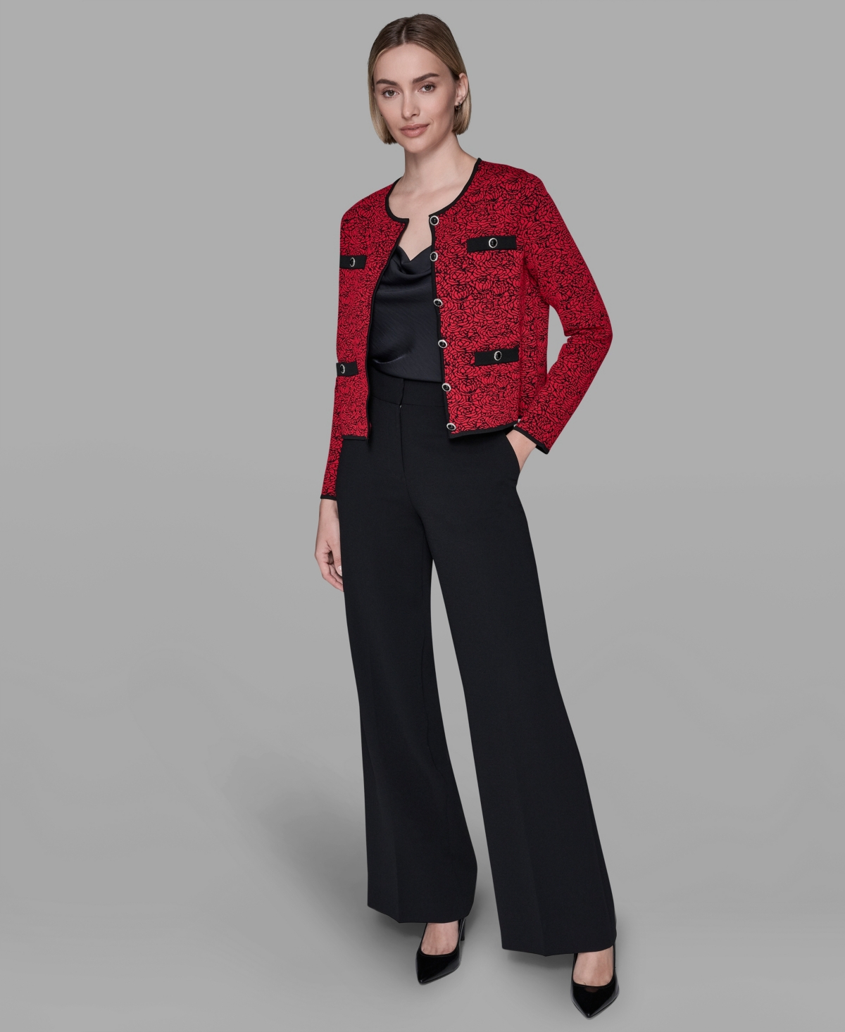 Karl Lagerfeld Paris Women's Crewneck Pocket Detail Cardigan