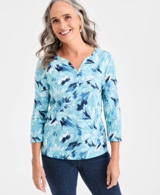 Style & Co - Women's Feather-Print Henley 3/4-Sleeve T-Shirt