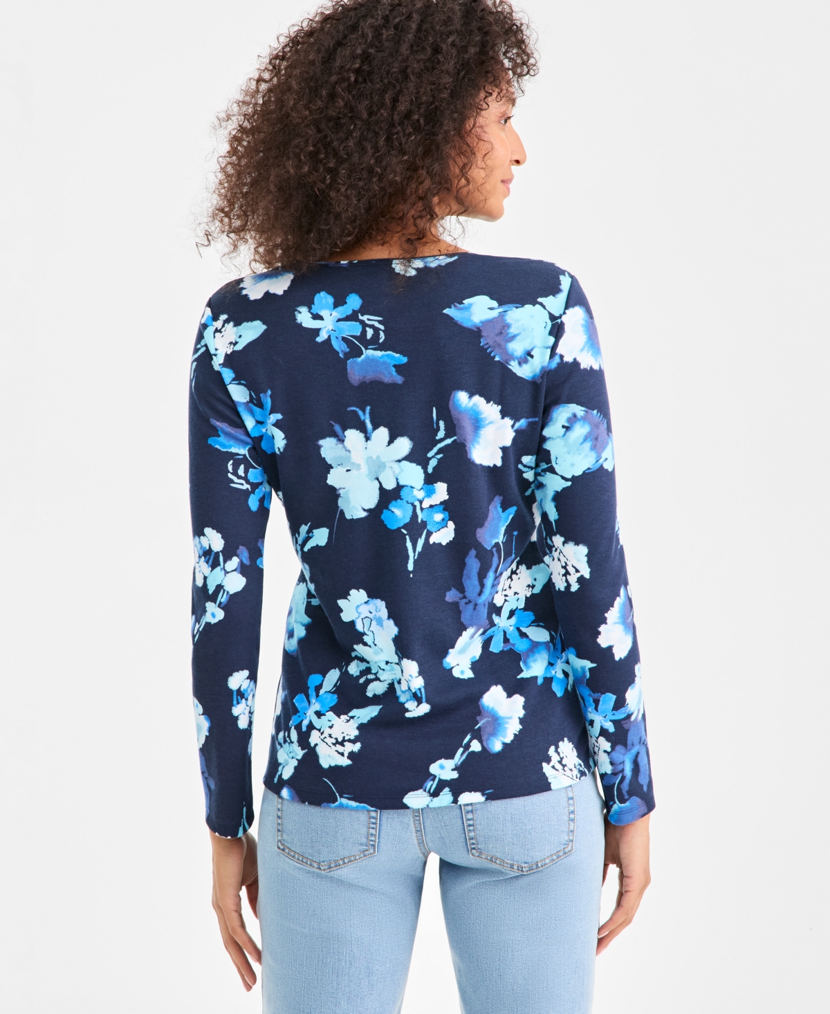 Style & Co Petite Floral Print Long Sleeve Top In Blue