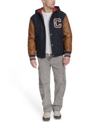 Men's Mixed Media Hooded Varsity Jacket