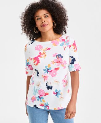 Style & Co - Women's Floral-Print Boat-Neck Elbow-Sleeve Top
