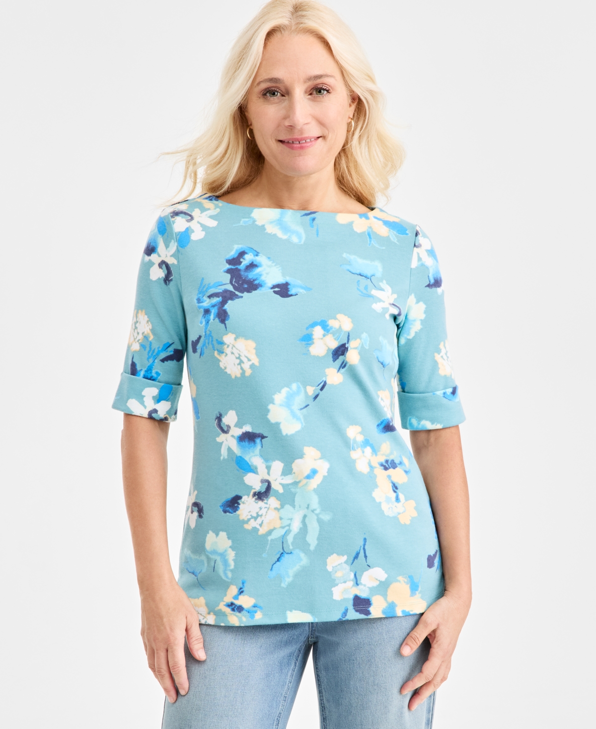 Style & Co Women's Printed Boat-Neck Elbow Sleeve Top, Exclusively at Macy's