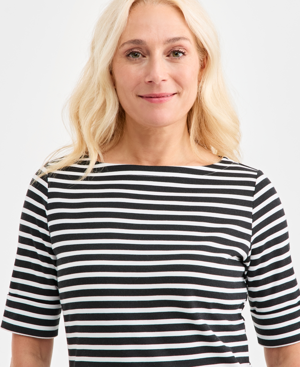 Style & Co Petite Elbow-sleeve Washed Stripe Knit Top In White