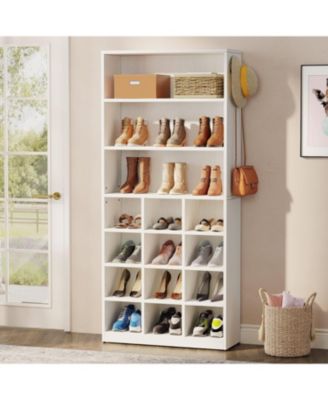 Shoe Cabinet, 24 Pair Freestanding Shoe Rack Storage Organizer with Side Hooks, Modern Shoe Storage Cabinet with Shelves