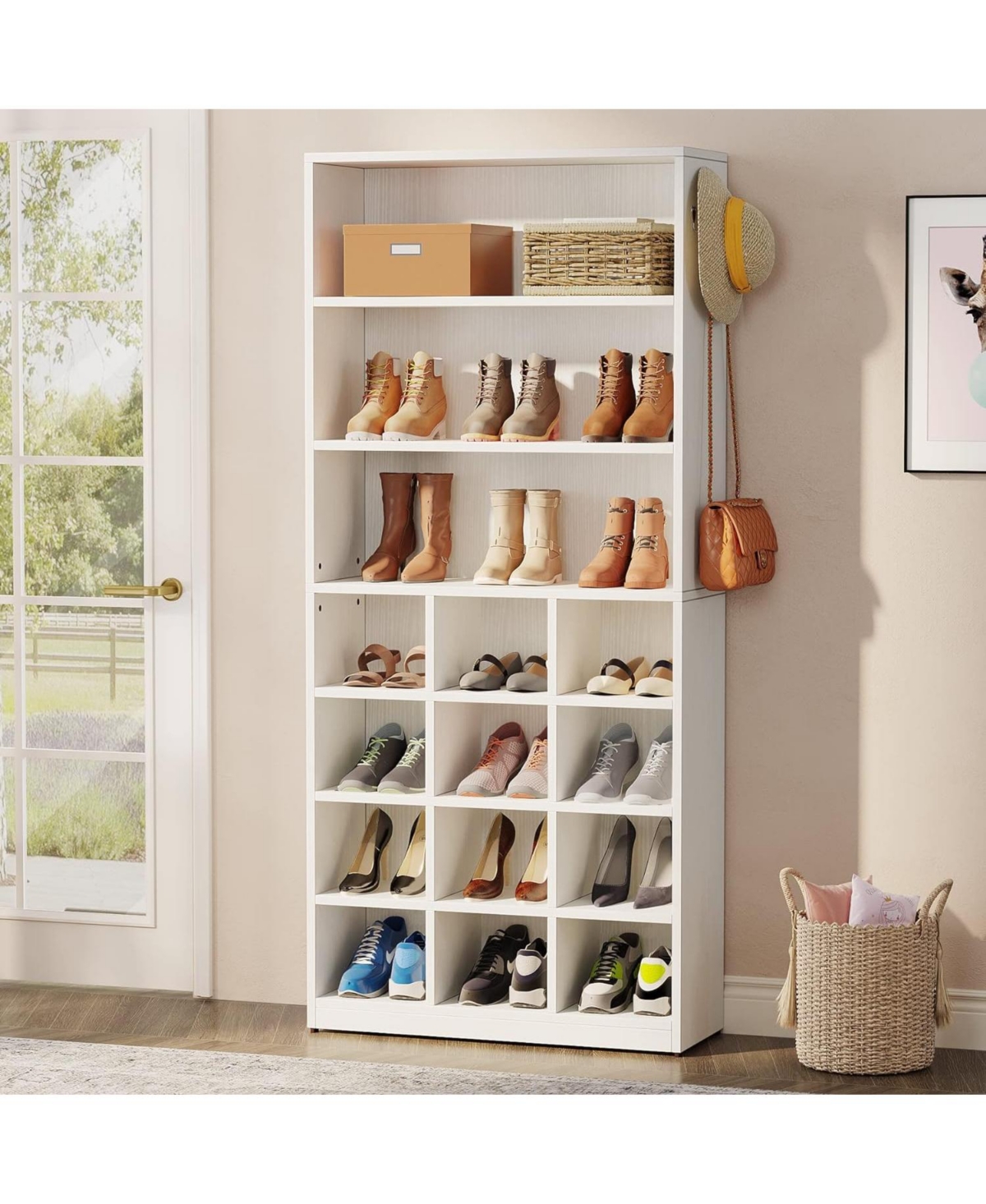 Tribesigns Shoe Cabinet, 24 Pair Freestanding Shoe Rack Storage Organizer with Side Hooks, Modern Shoe Storage Cabinet with Shelves for Hallway Bedroo