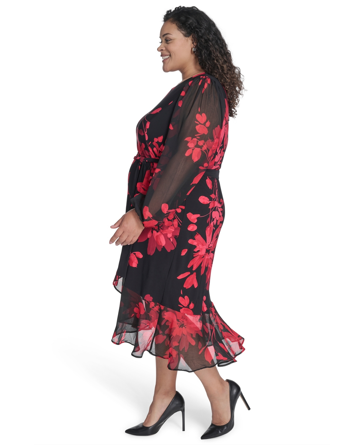 Tommy Hilfiger Plus Size Chiffon Long-sleeve Midi Dress In Red