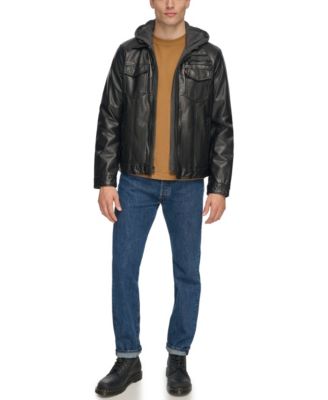 Men's Fleece Hood Faux Leather Jacket