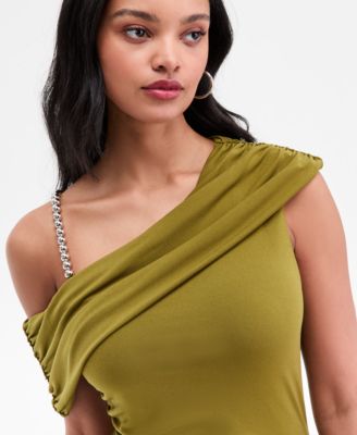 Women's Asymmetrical Drape Beaded Strap Midi Dress