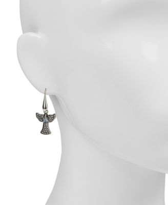 Glass Stone Silver-Tone Angel Drop Earrings