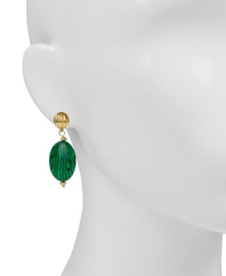 Oval Bead Green and Worn Gold-Tone Post Drop Earrings