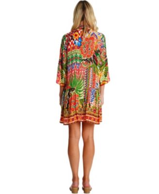 Women's Short Asymmetrical Dress with V-Neck and Mid-Length Sleeves