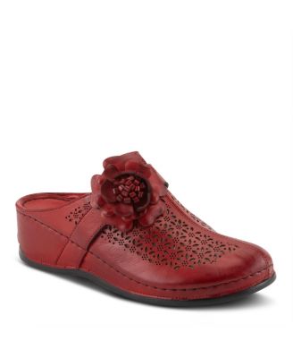 LILYBEAN Leather Perforated Clogs with Floral Applique and Open Back