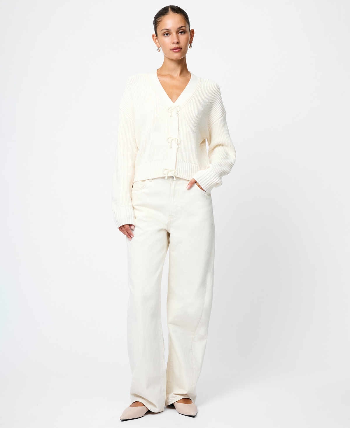 French Connection Women's Babysoft Knit V-neck Embellished Bow Cardigan Sweater In White