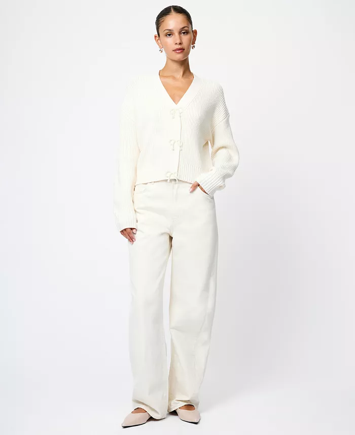 Women's Babysoft Knit V-Neck Embellished Bow Cardigan Sweater - thumbnail 3