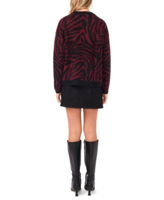 Women's Crewneck Zebra Print Jacquard Long-Sleeve Sweater