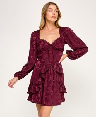 Juniors' Long Sleeve Satin Jacquard Dress