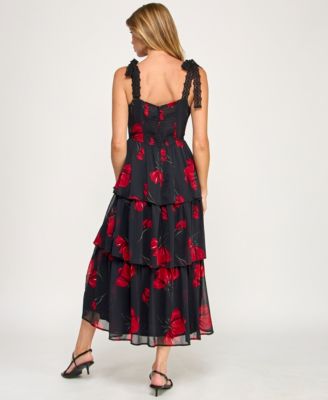 Juniors' Sleeveless Tiered Floral Midi Dress