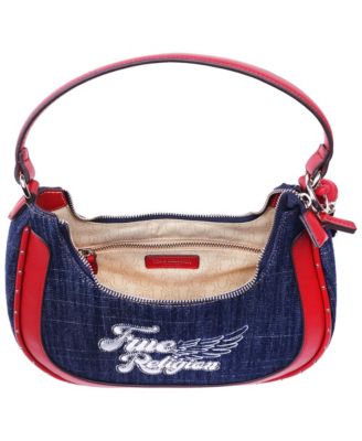 Wing Motif Denim Hobo Bag with Red Trim